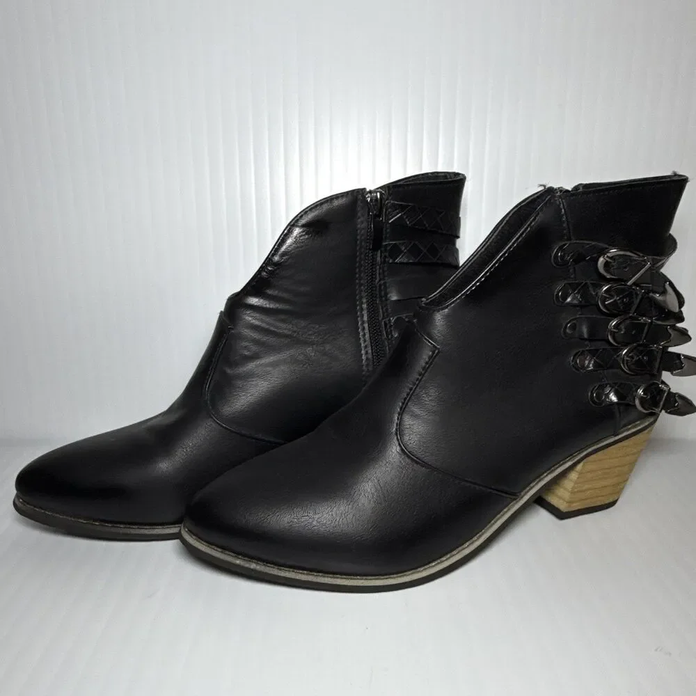 Black Faux Leather Ankle Bootie Almond Toe Side Zip Buckle Strap Women's 8.5 - Picture 8 of 8